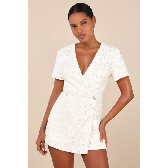 Lulus Pants - Lulus Glittering Charisma Cream Sequin Tweed Short Sleeve Skort Romper NWT XL